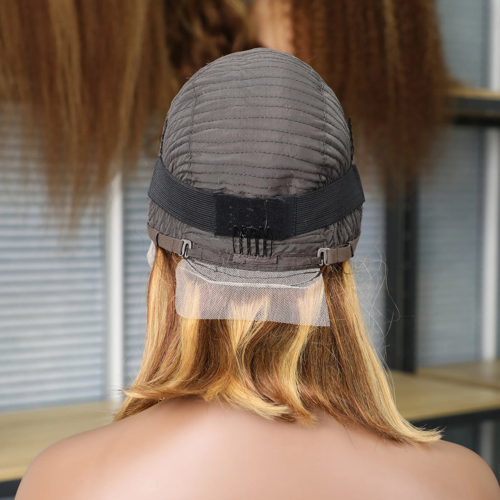 4/27 Brown Blonde Color Straight 14Inch Brazilian 13x4 Bob Wigs Transparent Frontal Human Hair Short Wig 200%Density Pre Plucked