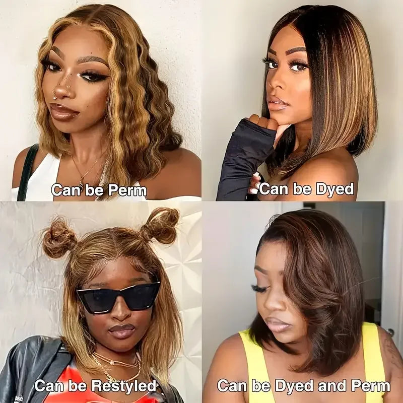 4/27 Brown Blonde Color Straight 14Inch Brazilian 13x4 Bob Wigs Transparent Frontal Human Hair Short Wig 200%Density Pre Plucked