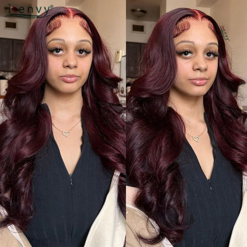 13X4 Burgundy Glueless Body Wave Wear And Go Human Hair Wig Brazilian Colored Red Lace Frontal Wigs Preplucked Pre Cut Lace Wigs