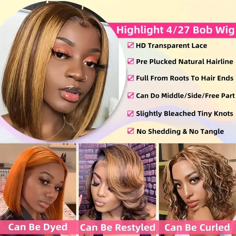 4/27 Brown Blonde Color Straight 14Inch Brazilian 13x4 Bob Wigs Transparent Frontal Human Hair Short Wig 200%Density Pre Plucked
