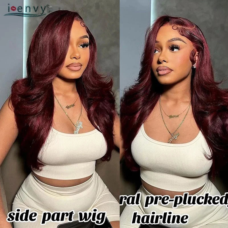 13X4 Burgundy Glueless Body Wave Wear And Go Human Hair Wig Brazilian Colored Red Lace Frontal Wigs Preplucked Pre Cut Lace Wigs
