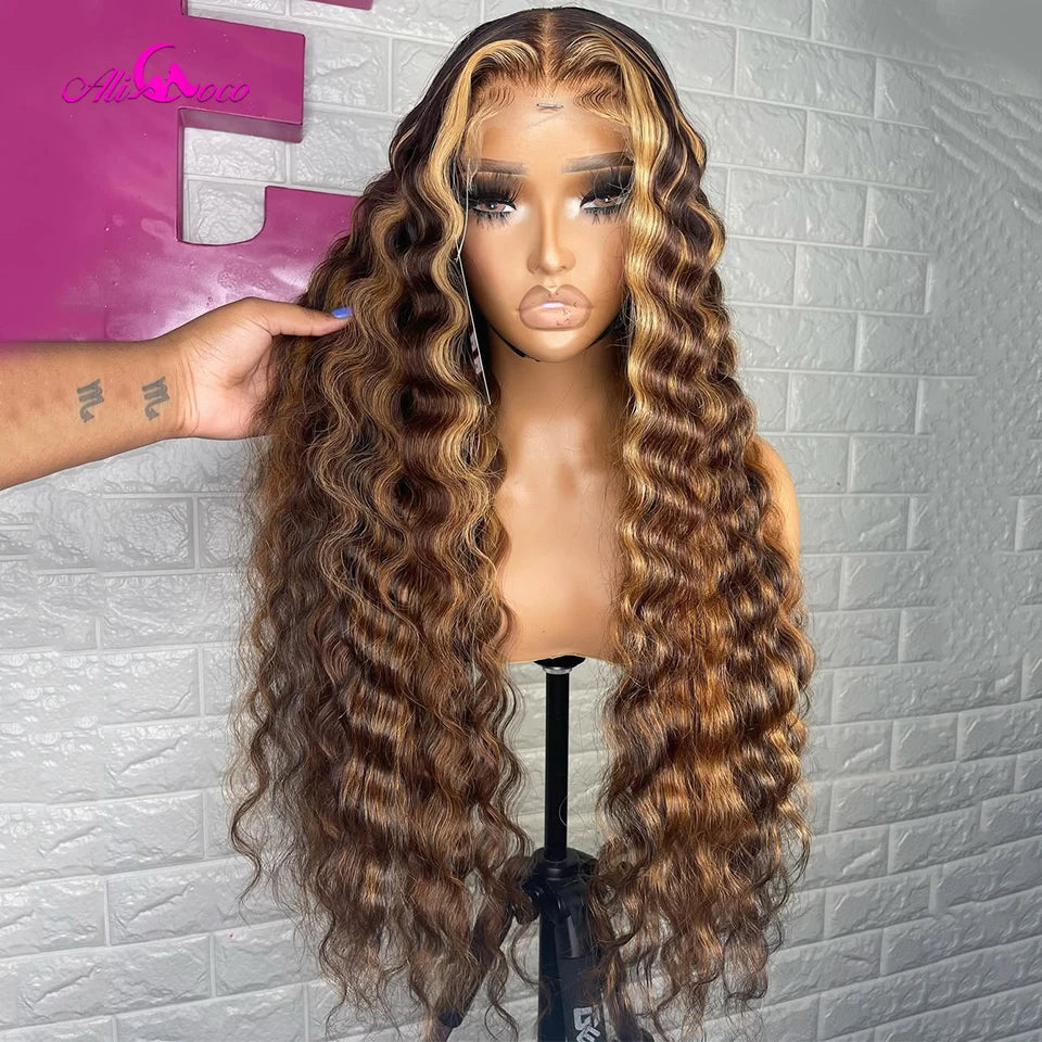 34 36 Inch Blonde Brown Deep Wave Lace Front Wigs Human Hair 13x6 Lace 200 Density Wigs For Women Transparent Lace Frontal Wigs
