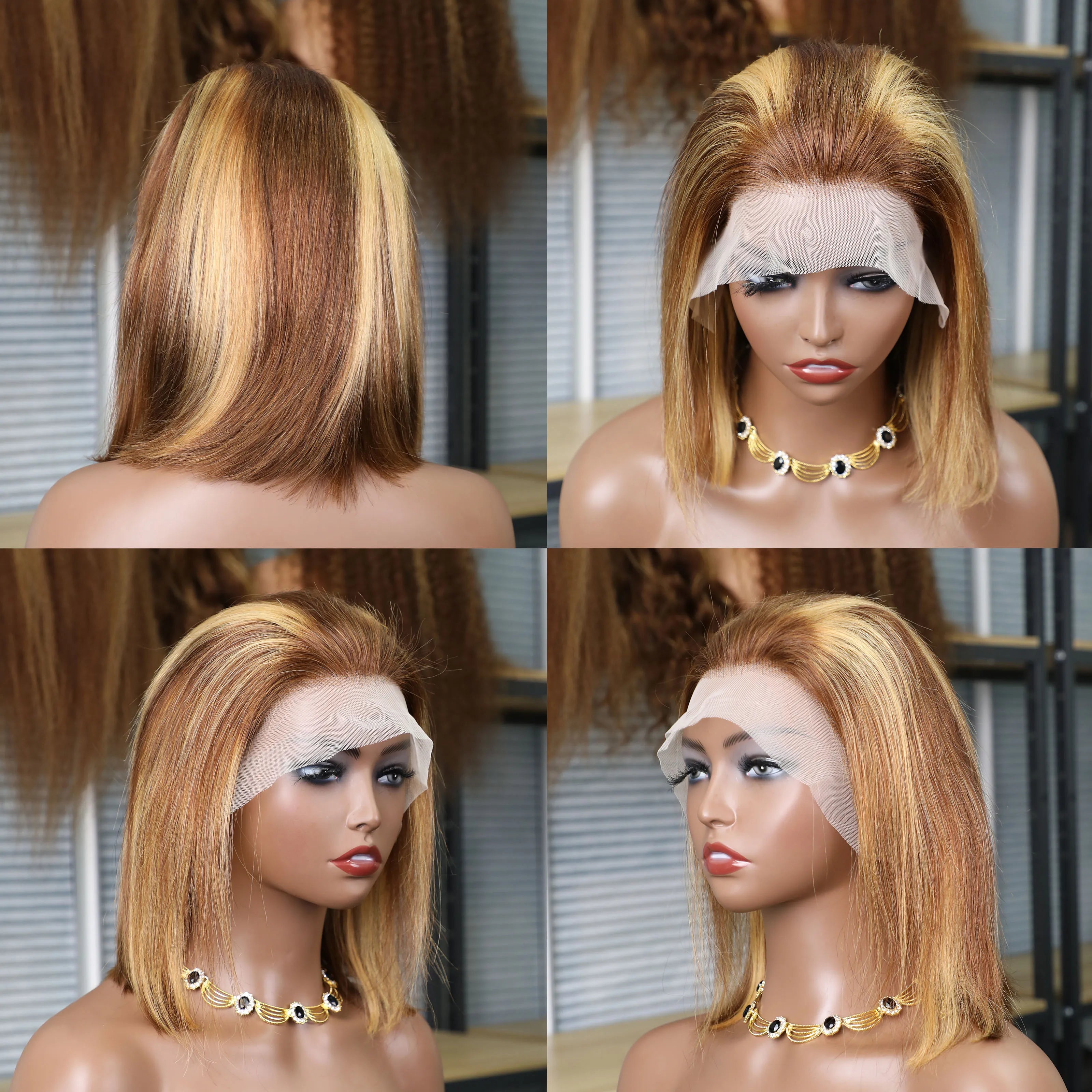 4/27 Brown Blonde Color Straight 14Inch Brazilian 13x4 Bob Wigs Transparent Frontal Human Hair Short Wig 200%Density Pre Plucked
