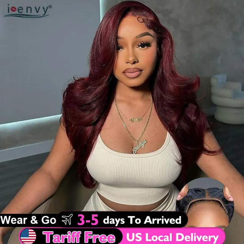 13X4 Burgundy Glueless Body Wave Wear And Go Human Hair Wig Brazilian Colored Red Lace Frontal Wigs Preplucked Pre Cut Lace Wigs