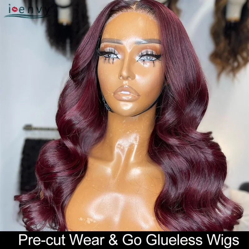 13X4 Burgundy Glueless Body Wave Wear And Go Human Hair Wig Brazilian Colored Red Lace Frontal Wigs Preplucked Pre Cut Lace Wigs