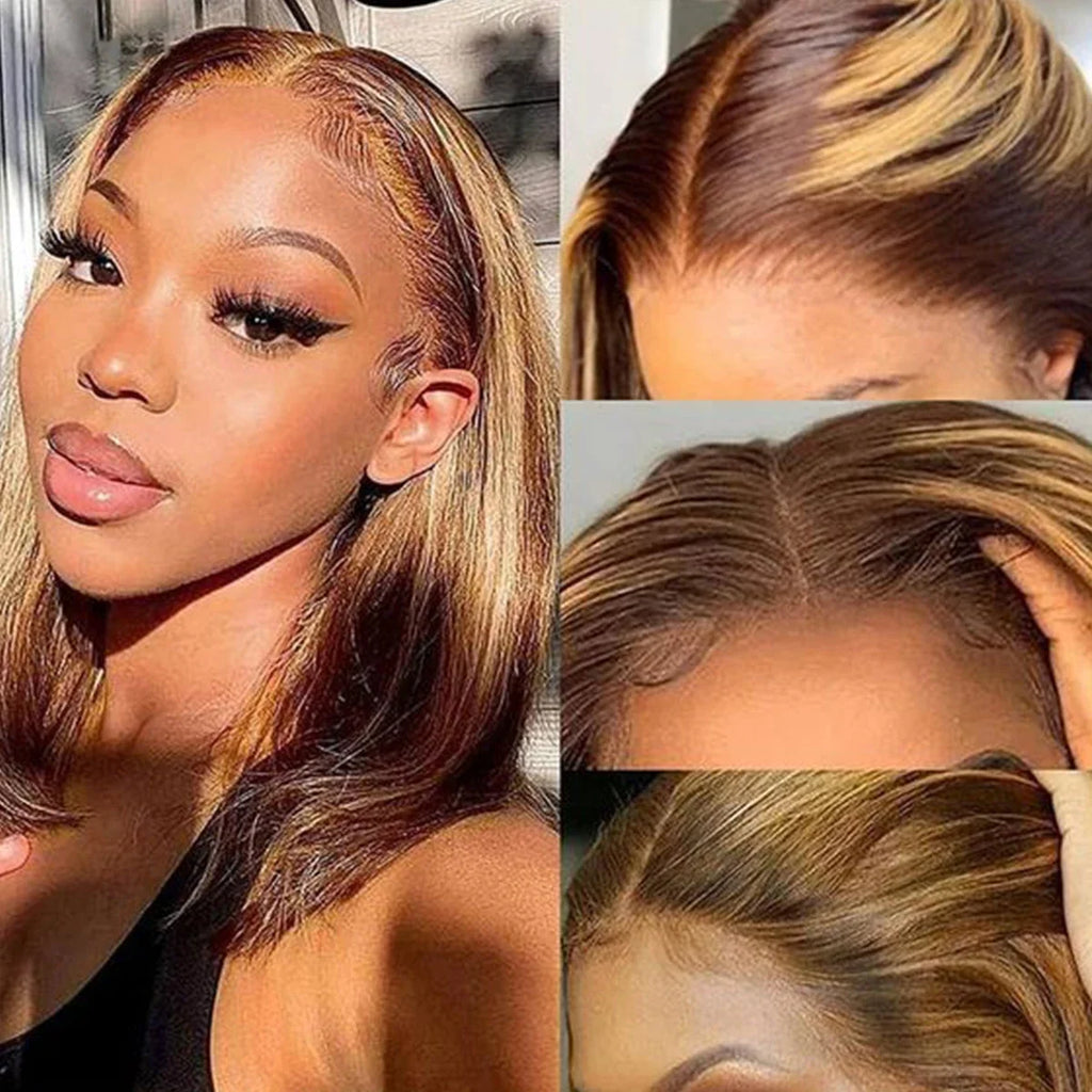 4/27 Brown Blonde Color Straight 14Inch Brazilian 13x4 Bob Wigs Transparent Frontal Human Hair Short Wig 200%Density Pre Plucked
