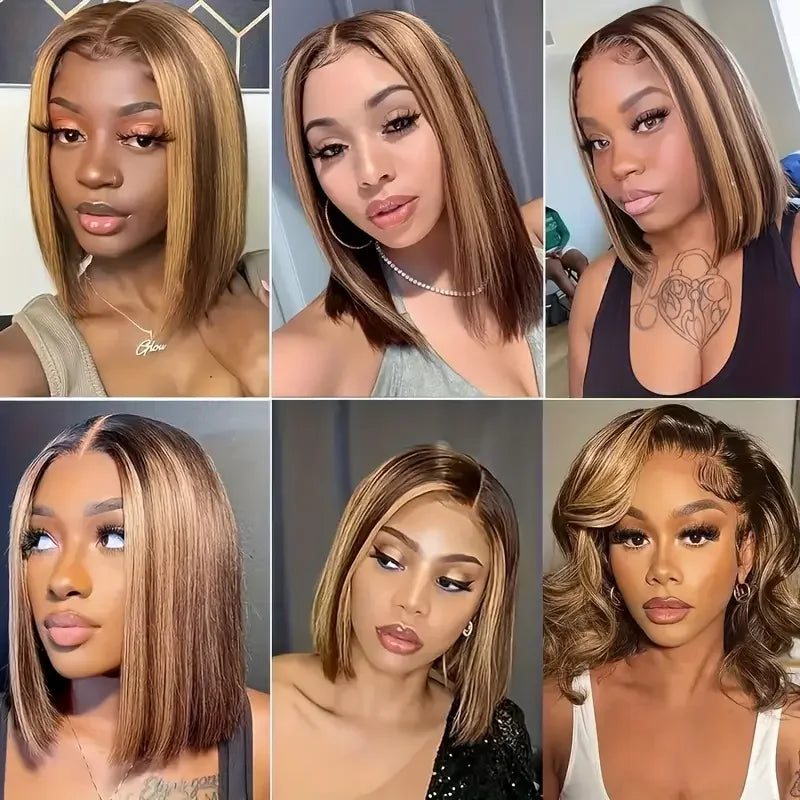 4/27 Brown Blonde Color Straight 14Inch Brazilian 13x4 Bob Wigs Transparent Frontal Human Hair Short Wig 200%Density Pre Plucked