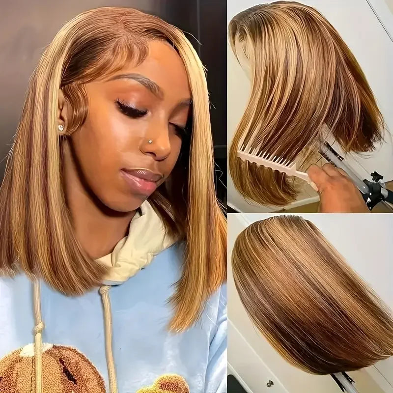 4/27 Brown Blonde Color Straight 14Inch Brazilian 13x4 Bob Wigs Transparent Frontal Human Hair Short Wig 200%Density Pre Plucked