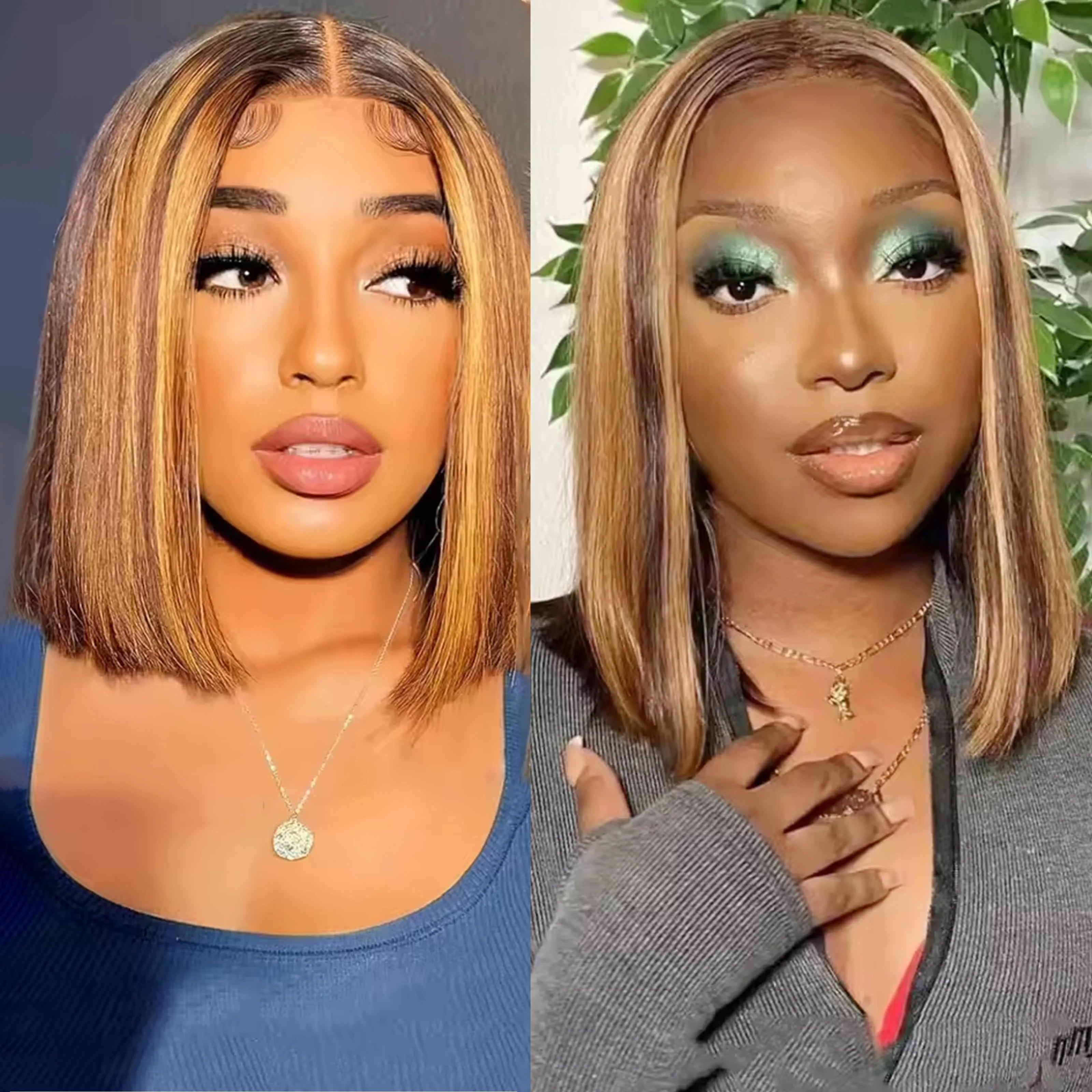 4/27 Brown Blonde Color Straight 14Inch Brazilian 13x4 Bob Wigs Transparent Frontal Human Hair Short Wig 200%Density Pre Plucked