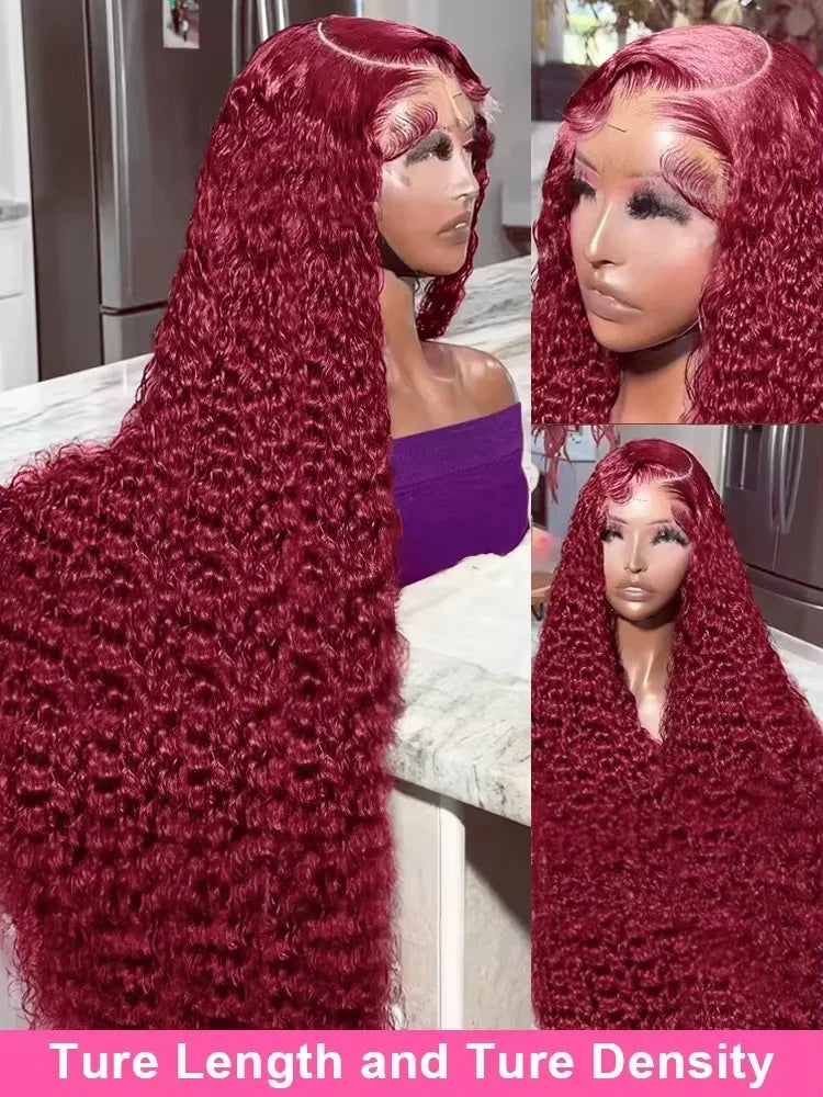 Curly 99J Burgundy 30 Inch Deep Wave 13x4 Lace Front Wig Wet And Wavy Red Colored wigs HD Lace Frontal 100% Human Hair Wigs