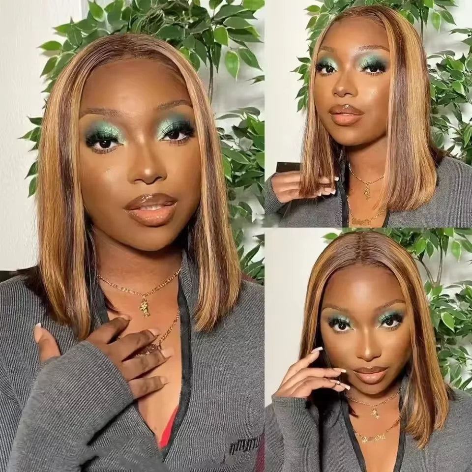 4/27 Brown Blonde Color Straight 14Inch Brazilian 13x4 Bob Wigs Transparent Frontal Human Hair Short Wig 200%Density Pre Plucked