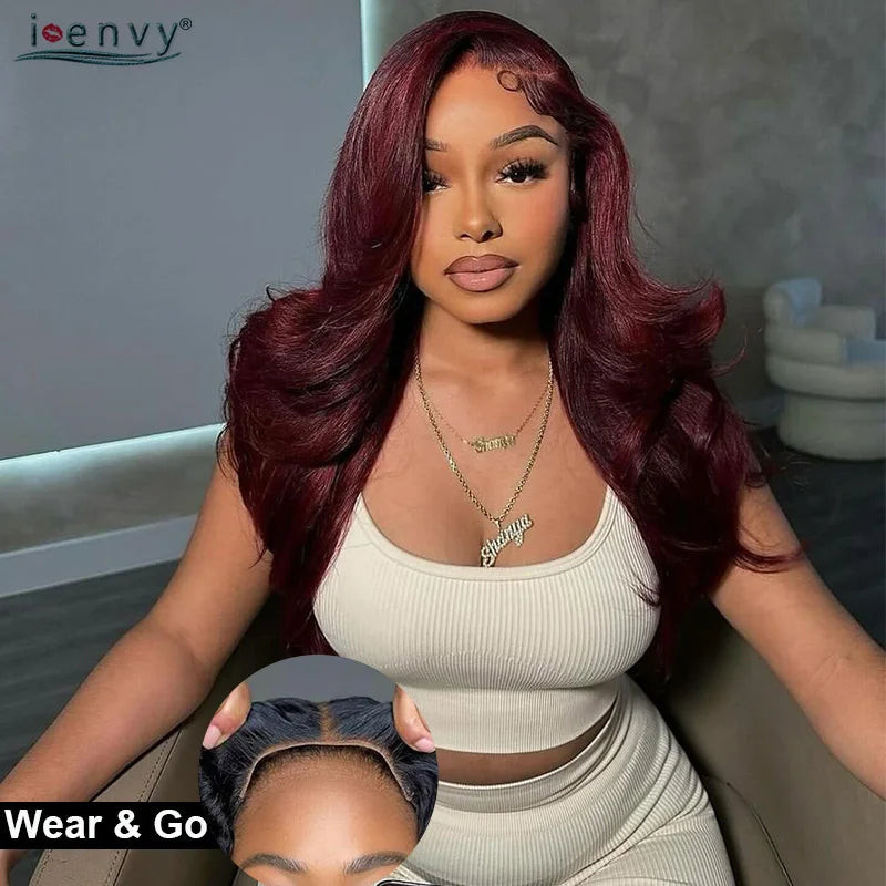 13X4 Burgundy Glueless Body Wave Wear And Go Human Hair Wig Brazilian Colored Red Lace Frontal Wigs Preplucked Pre Cut Lace Wigs