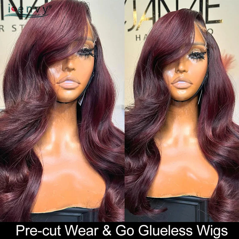 13X4 Burgundy Glueless Body Wave Wear And Go Human Hair Wig Brazilian Colored Red Lace Frontal Wigs Preplucked Pre Cut Lace Wigs