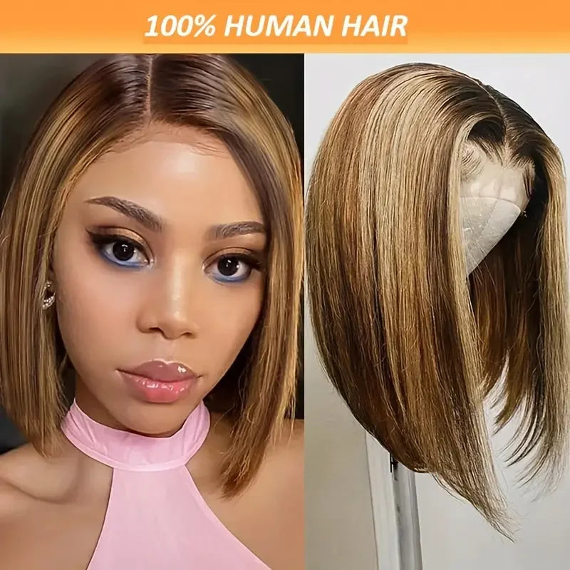 4/27 Brown Blonde Color Straight 14Inch Brazilian 13x4 Bob Wigs Transparent Frontal Human Hair Short Wig 200%Density Pre Plucked