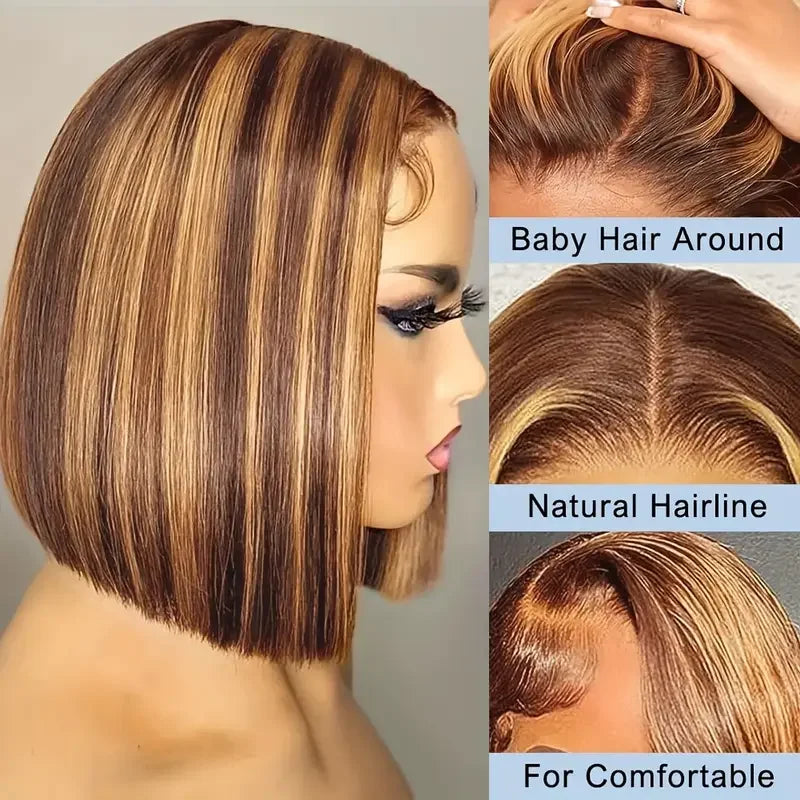 4/27 Brown Blonde Color Straight 14Inch Brazilian 13x4 Bob Wigs Transparent Frontal Human Hair Short Wig 200%Density Pre Plucked