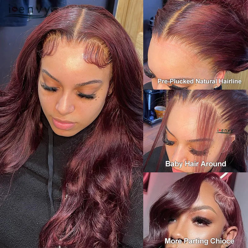 13X4 Burgundy Glueless Body Wave Wear And Go Human Hair Wig Brazilian Colored Red Lace Frontal Wigs Preplucked Pre Cut Lace Wigs